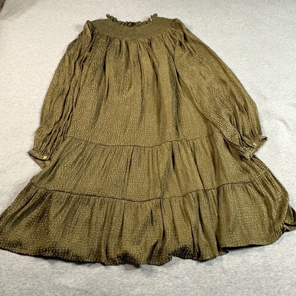 LOFT Olive Green Jacquard Smocked Tiered Swing Mini Dress NWT Petites MP - Picture 3 of 12